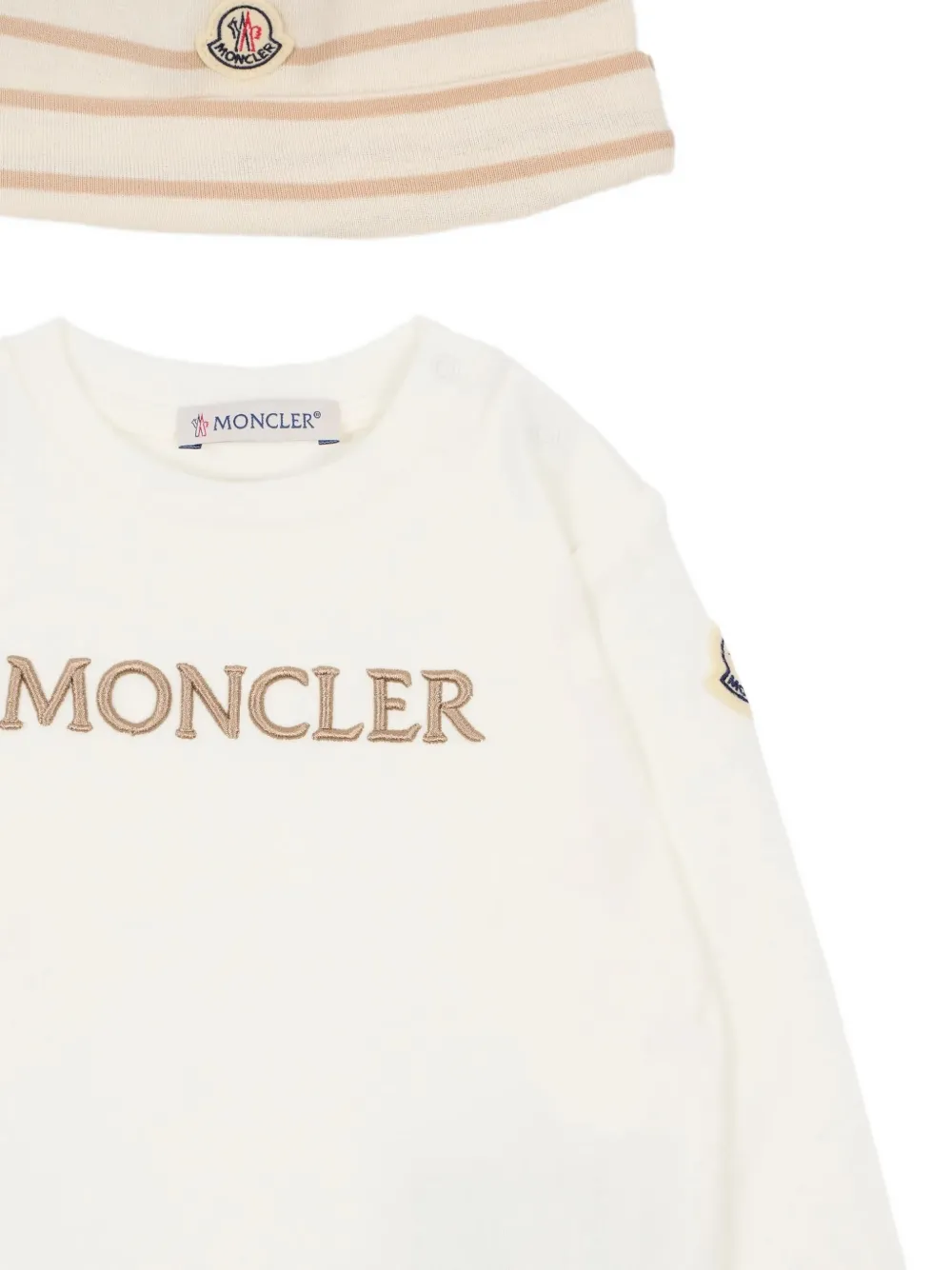 Комплект из трех полосатых брюк с вышитым логотипом Moncler Enfant, бежевый — фото 3