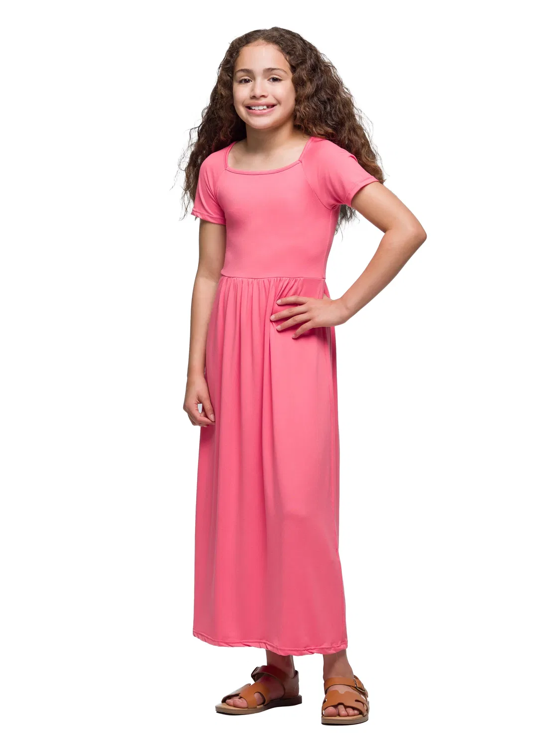Платье макси с коротким рукавом и плиссировкой для девочек 24sevenkid 24seven Comfort Apparel, коралл — фото 2