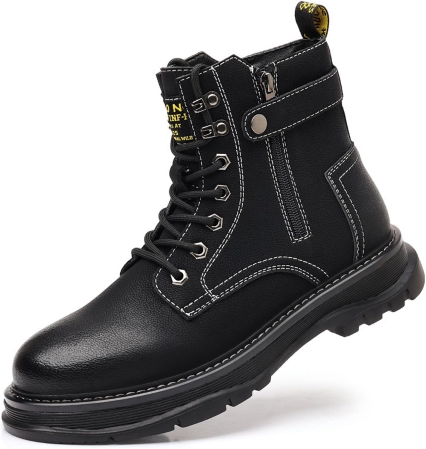 

Мужские модные высокие кожаные ботинки-чукка на шнуровке с боковой молнией, закругленным носком, массивным каблуком, противоскользящие повседневные обувь для прогулок, активного отдыха и вождения Qwuieoin, черный