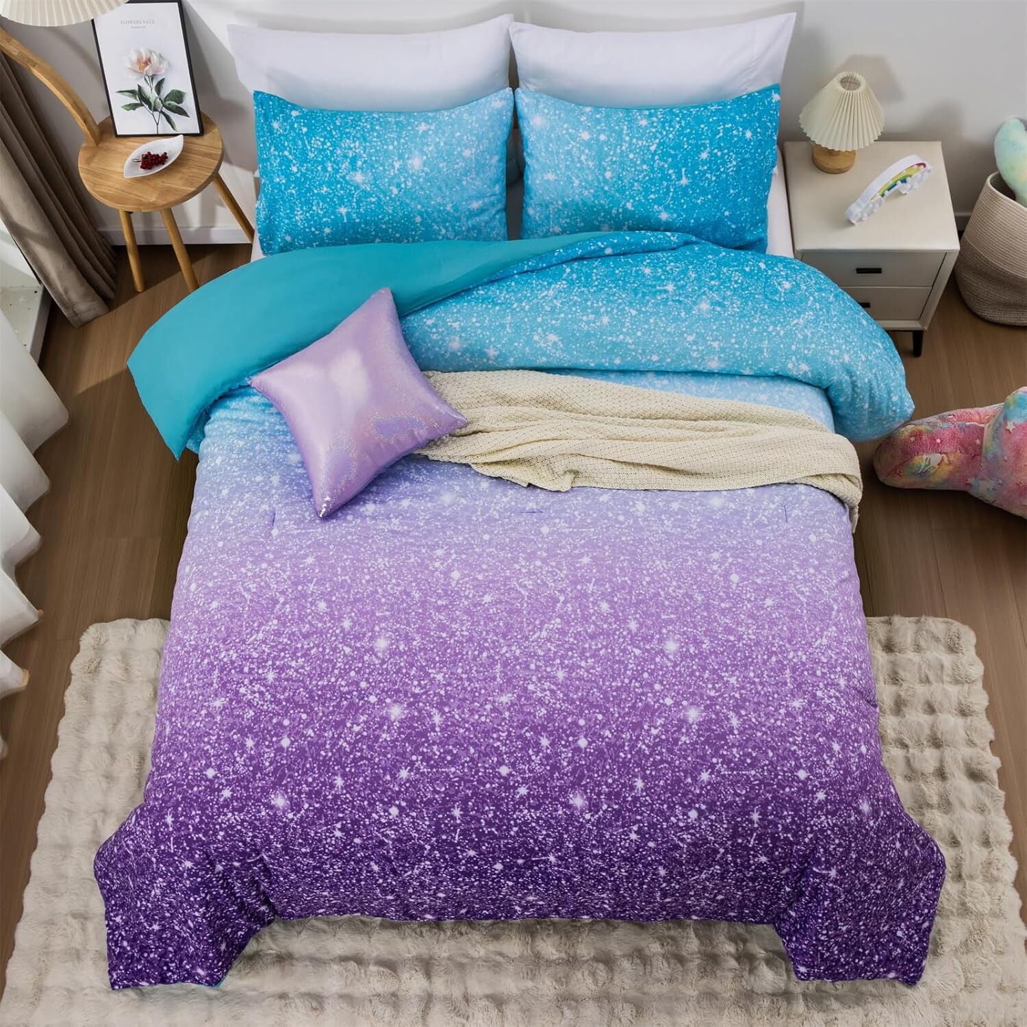 

[T] Holawakaka Kids Space Star Блестящий комплект постельного белья Queen Size для девочек с омбре синим и фиолетовым принтом с градиентом Комплект постельного белья для подростков Комплекты постельного белья Galaxy для подростков (синий фиолето...