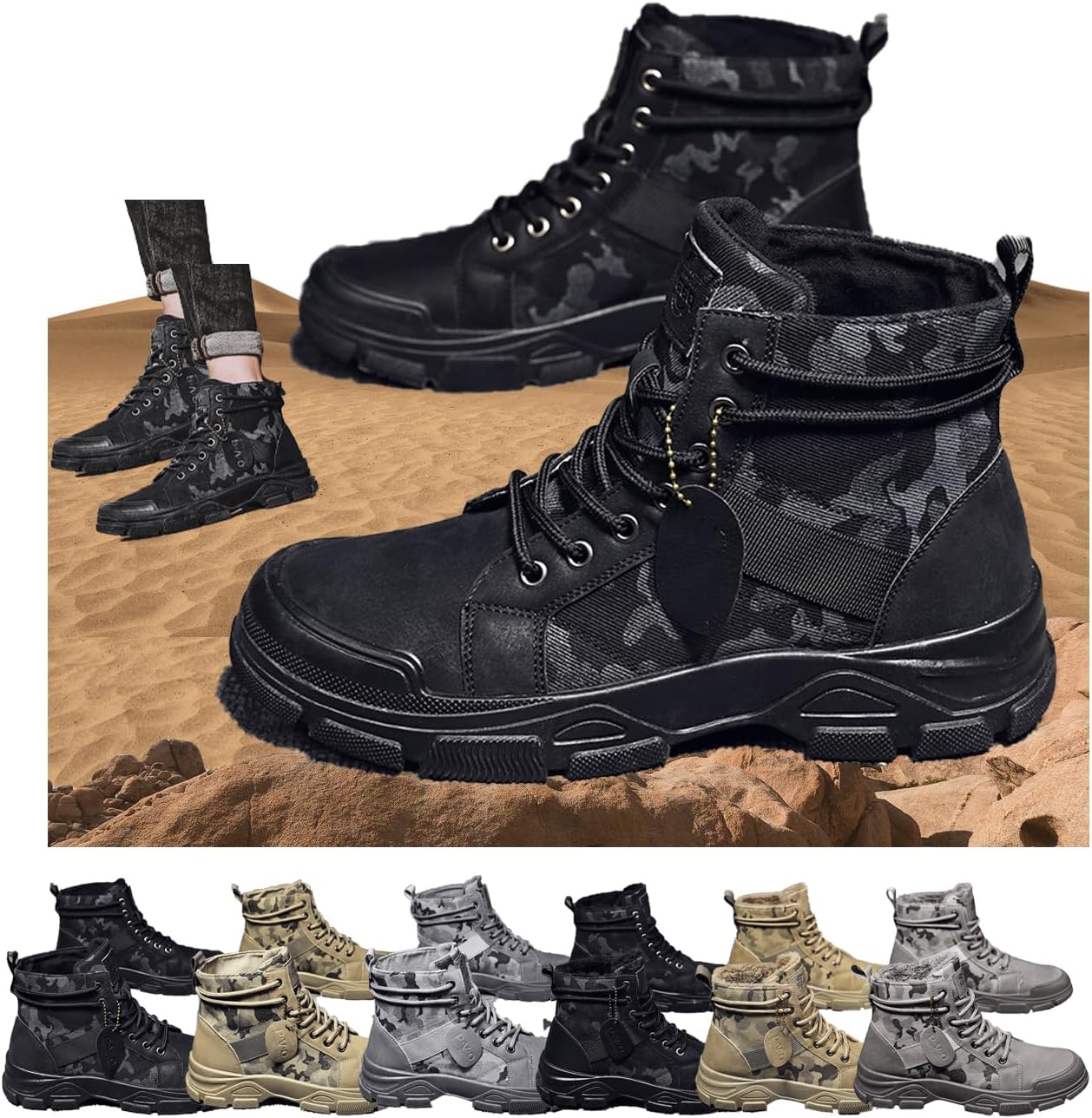 

Тактические высокие ботинки с камуфляжным рисунком для мужчин - Осенне-зимние высокие мужские кроссовки из канвы для походов на открытом воздухе, с утолщенным каблуком для повседневной работы и прогулок Generic, черный