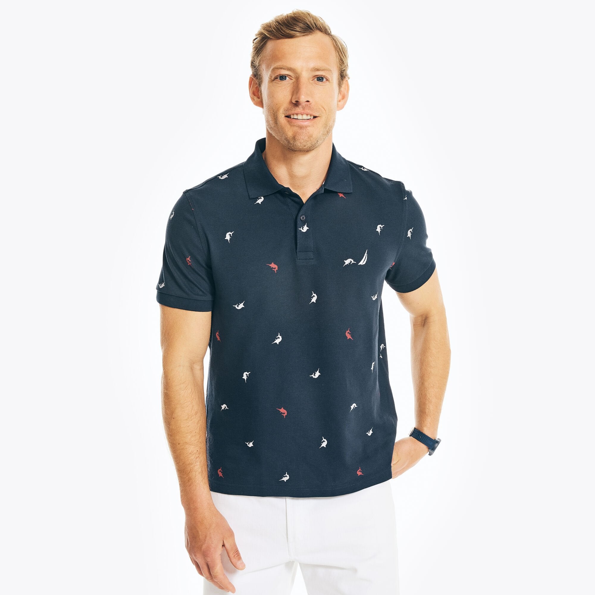 

Мужская классическая рубашка-поло Nautica Printed Deck Polo, темно-синий