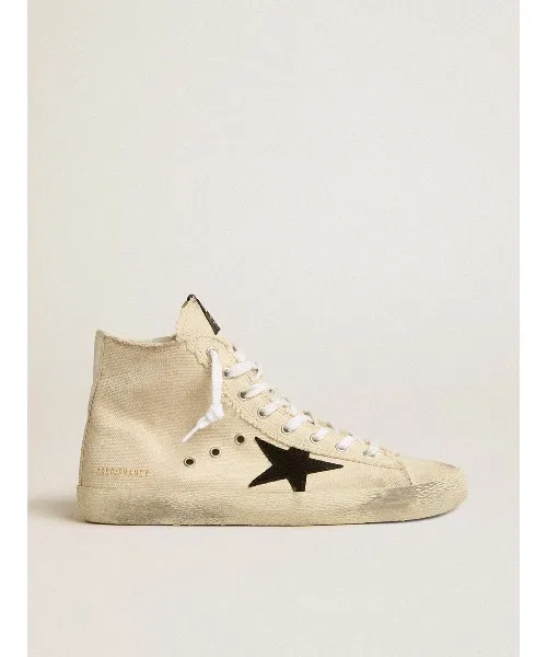 Мужские кроссовки Francy из канваса GOLDEN GOOSE с чёрной звездой бело-чёрные