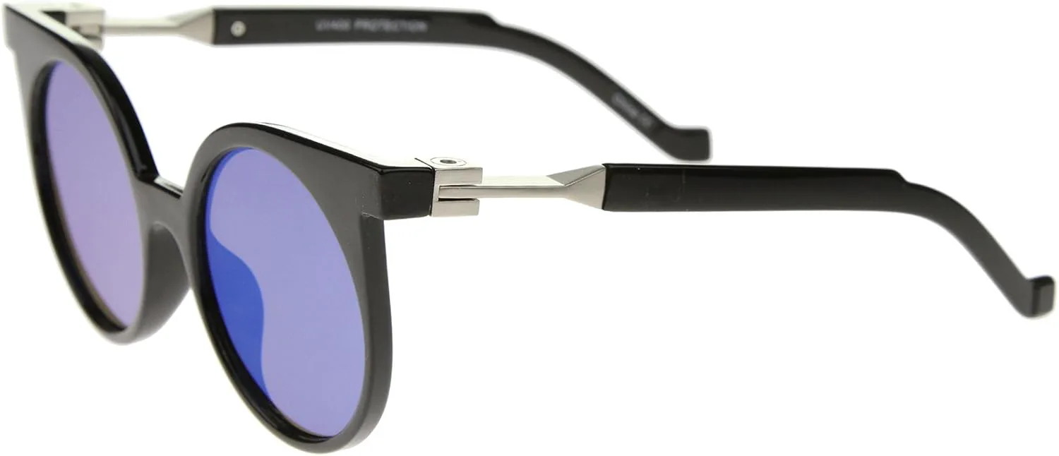 

Солнцезащитные очки zeroUV в современном стиле с роговой оправой, цветными зеркальными плоскими линзами, круглой формы, диаметр линз 50 мм, Shiny Black / Blue Mirror