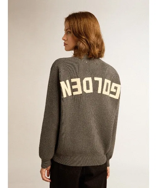 Свитер boyfriend с круглым вырезом Golden Goose из хлопка с логотипом, серый