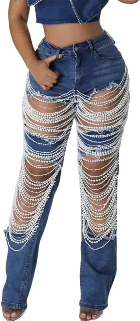 

Женские джинсы с высокой талией и потертостями, украшенные стразами и цепочками CHEZVOGUE