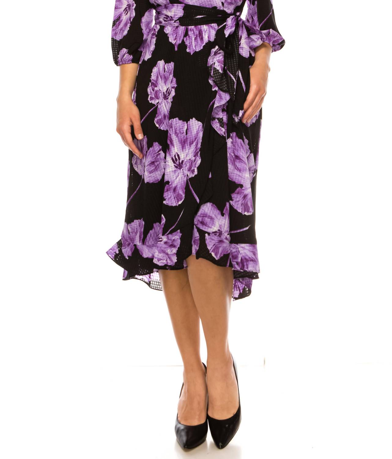 

Faux Wrap Floral Midi Dress In Black Iris Maison Tara