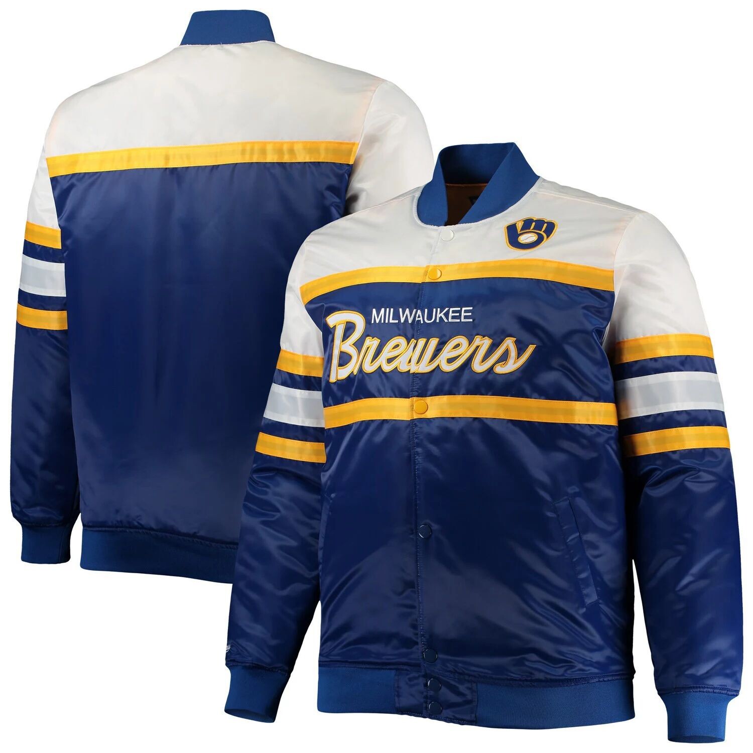 

Мужская атласная куртка с длинными кнопками Mitchell & Ness Royal/Gold Milwaukee Brewers Big & Tall Coaches