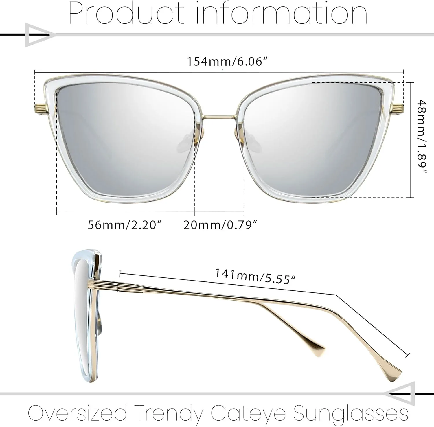 

Женские солнцезащитные очки Joopin Oversized Cateye с эффектом «кошачьего глаза», модные солнцезащитные очки с защитой от УФ-излучения, A22-mirrored Silver
