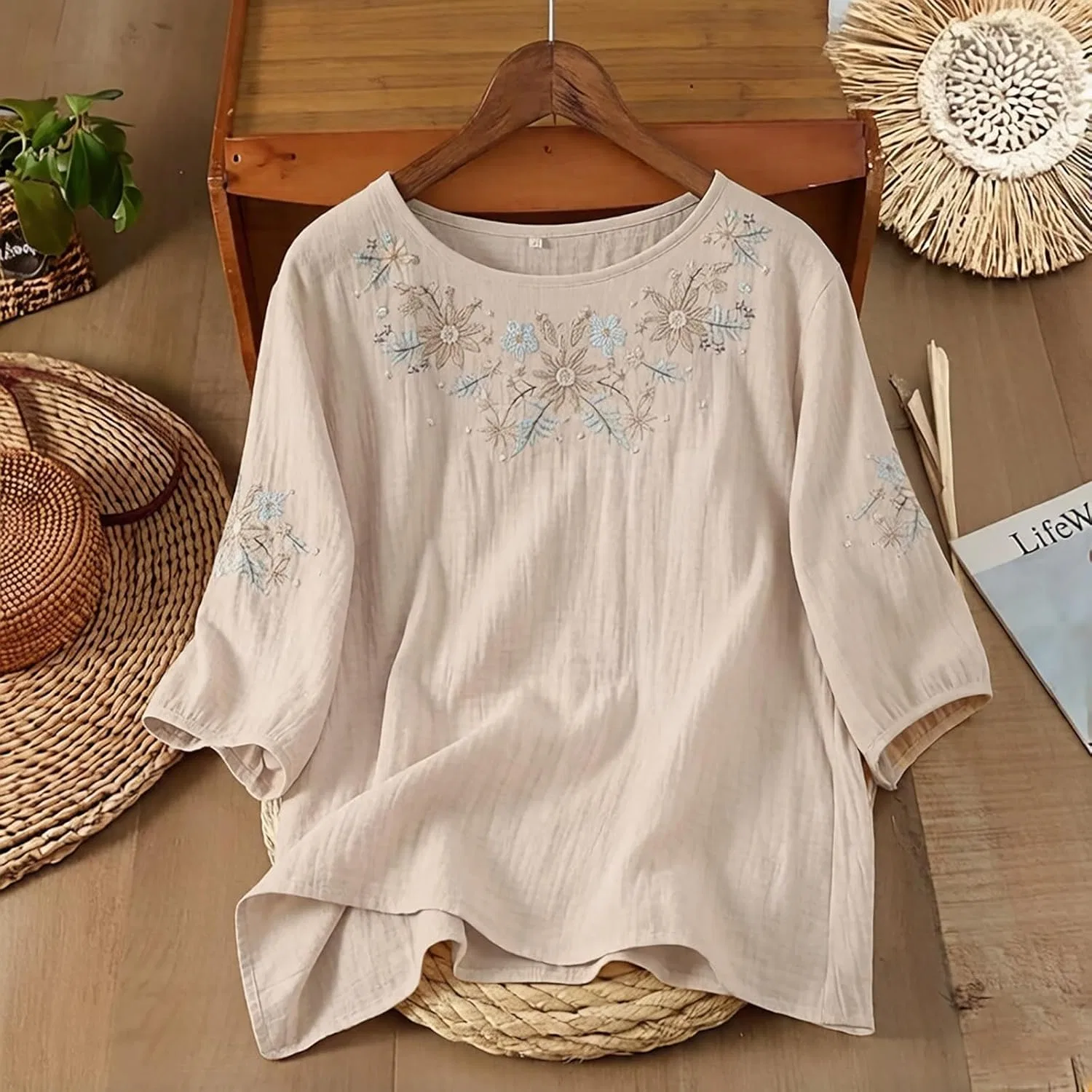 Футболка из хлопка и льна, свободная, Casual, бежевый — фото 2