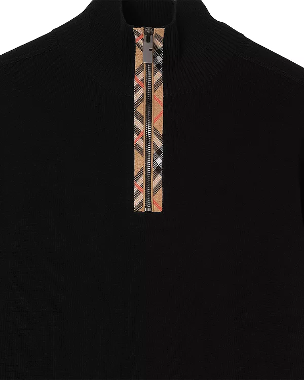 Свитер Burberry шерстяной с молнией до середины груди, клетчатая отделка, черный — фото 2