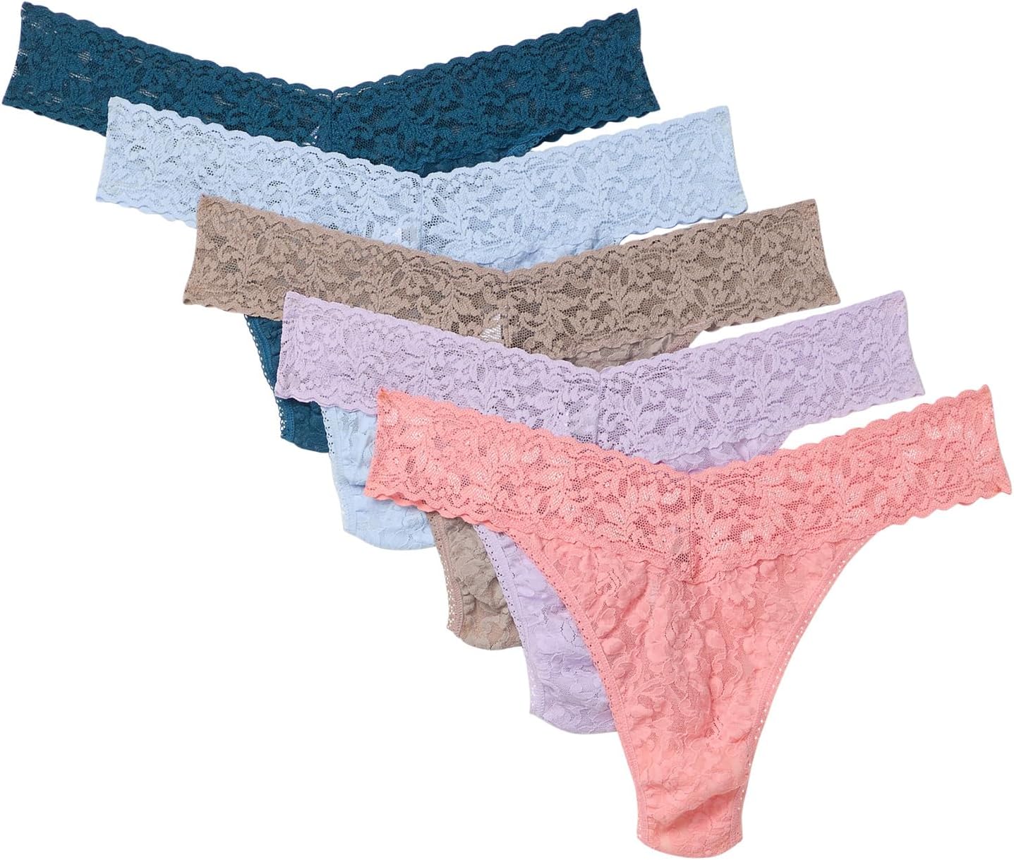 

Стринги Hanky Panky Signature Lace Original Rise Thong 5-Pack, цвет Green Queen/Deep Water Blue/Periwinkle/Taupe/Ballet Pink