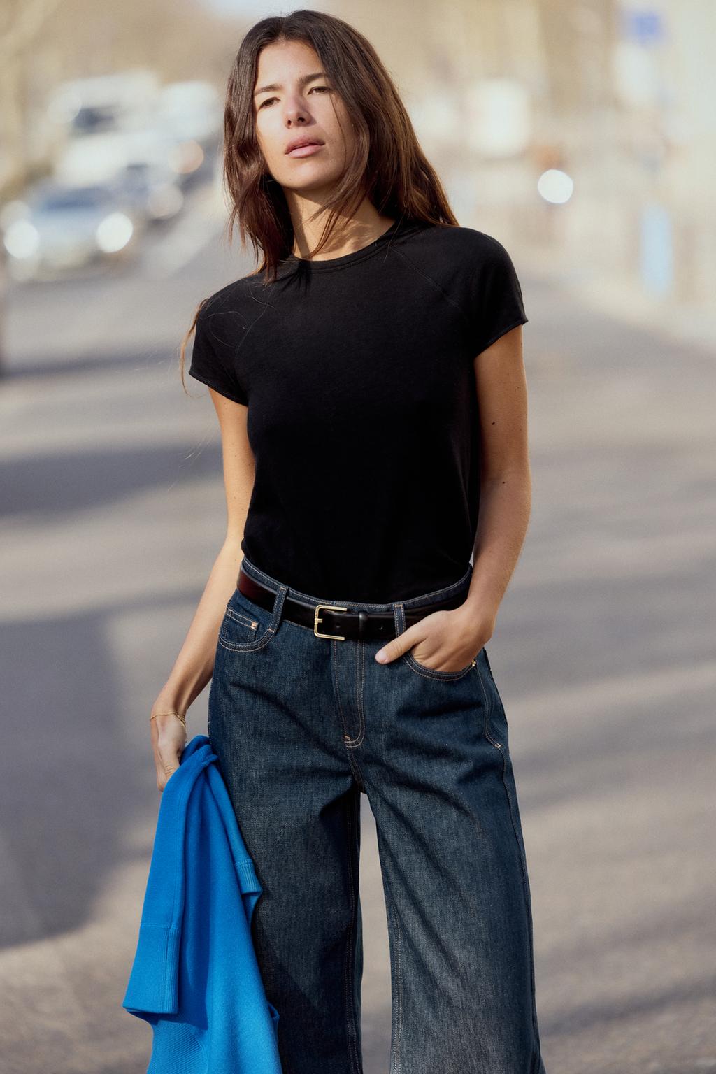 

Хлопчатобумажная футболка из плотного трикотажа ZARA, черный
