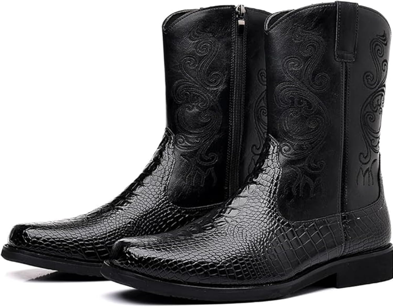 Мужские сапоги Crocodile Western с боковой молнией, средней высоты, квадратный носок, кожа Xinduoyu, черный — фото 3