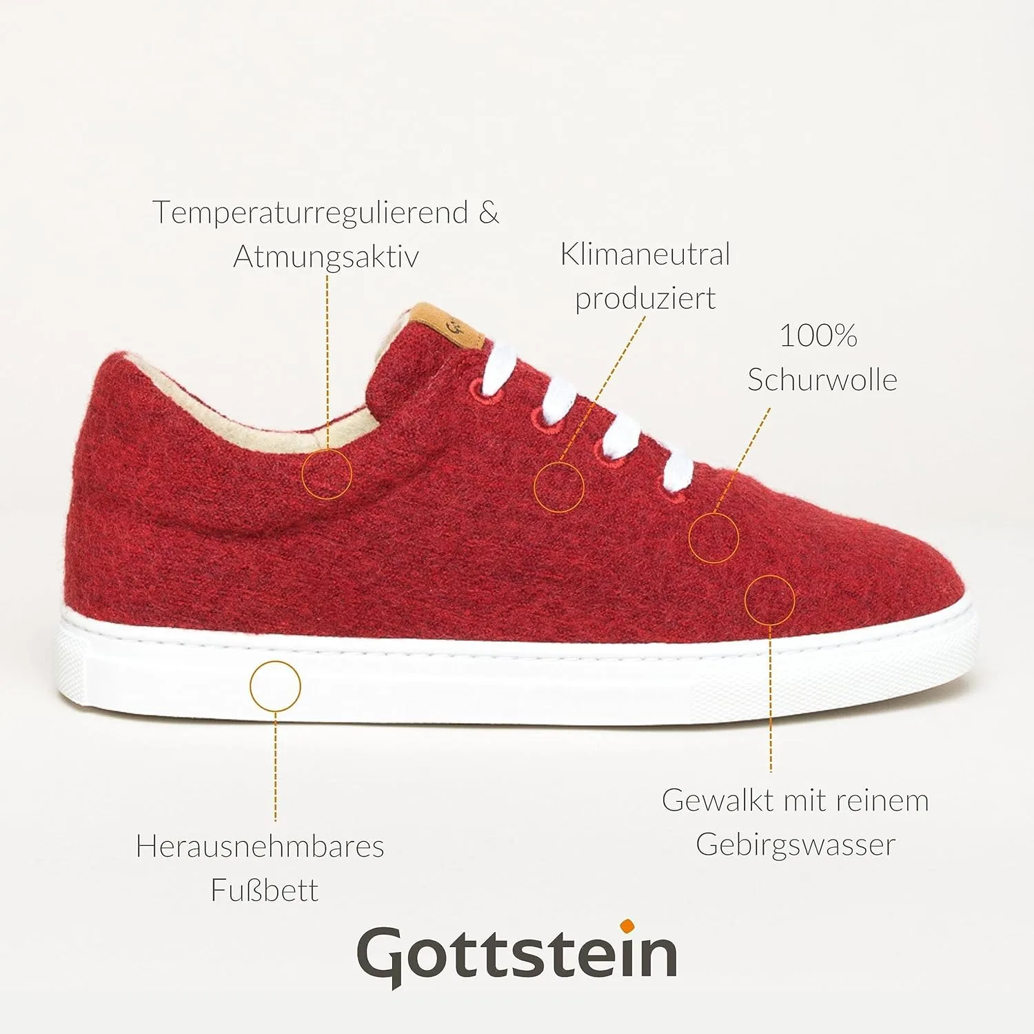 Кроссовки Gottstein Wool Walker 101 из 100% натуральной шерсти для мужчин и женщин | Шерстяные кроссовки, красный — фото 3