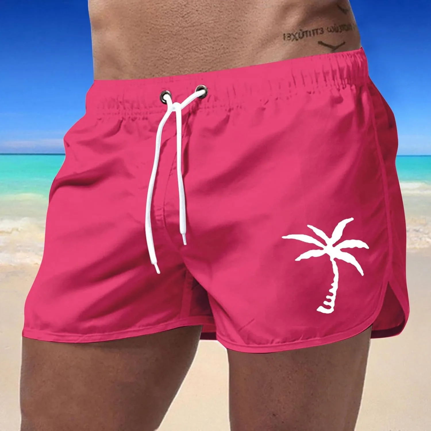 Generic Мужские плавки 5 Inch Inseam с принтом "кокосовая пальма", быстросохнущие шорты для серфинга с эластичным поясом и карманами — фото 3