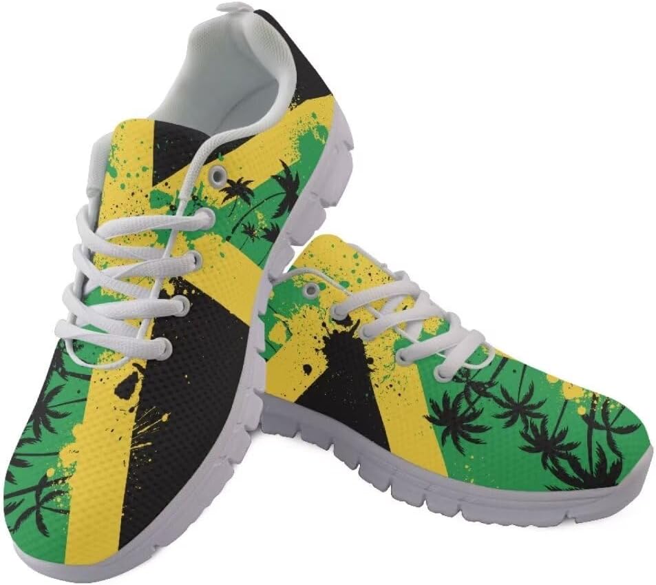 

Женские и мужские кроссовки Jeiento для бега на открытом воздухе, модные теннисные туфли, повседневная обувь для путешествий и ходьбы, плоская обувь с дышащей сеткой для тренировок и повседневного ношения, Coconut Tree Jamaican Flag