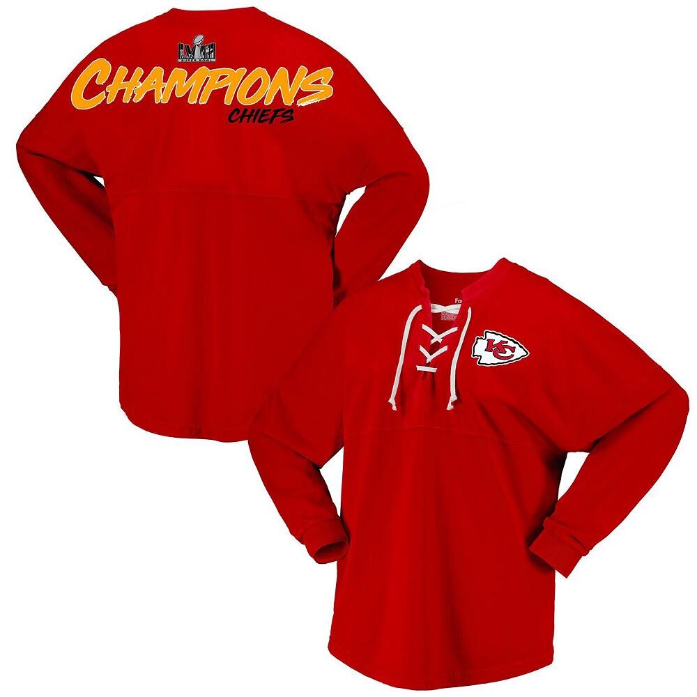 

Женская красная футболка из джерси с длинным рукавом на шнуровке Fanatics Kansas City Chiefs Super Bowl LVIII Champions, цвет Chf Red