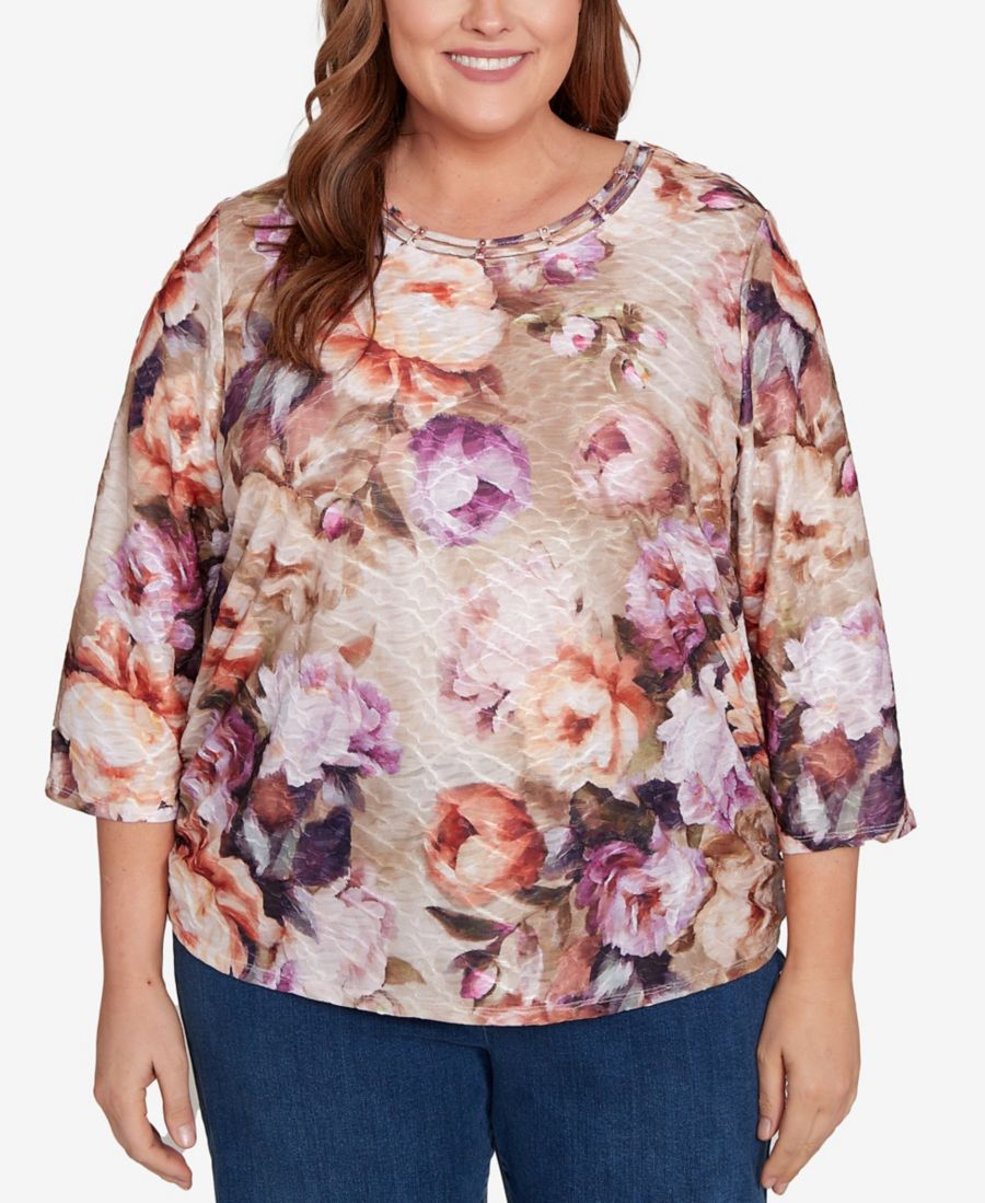 

Классический топ больших размеров с фактурным цветочным принтом, сборками по бокам и круглым вырезом Alfred Dunner, Tan Neutral