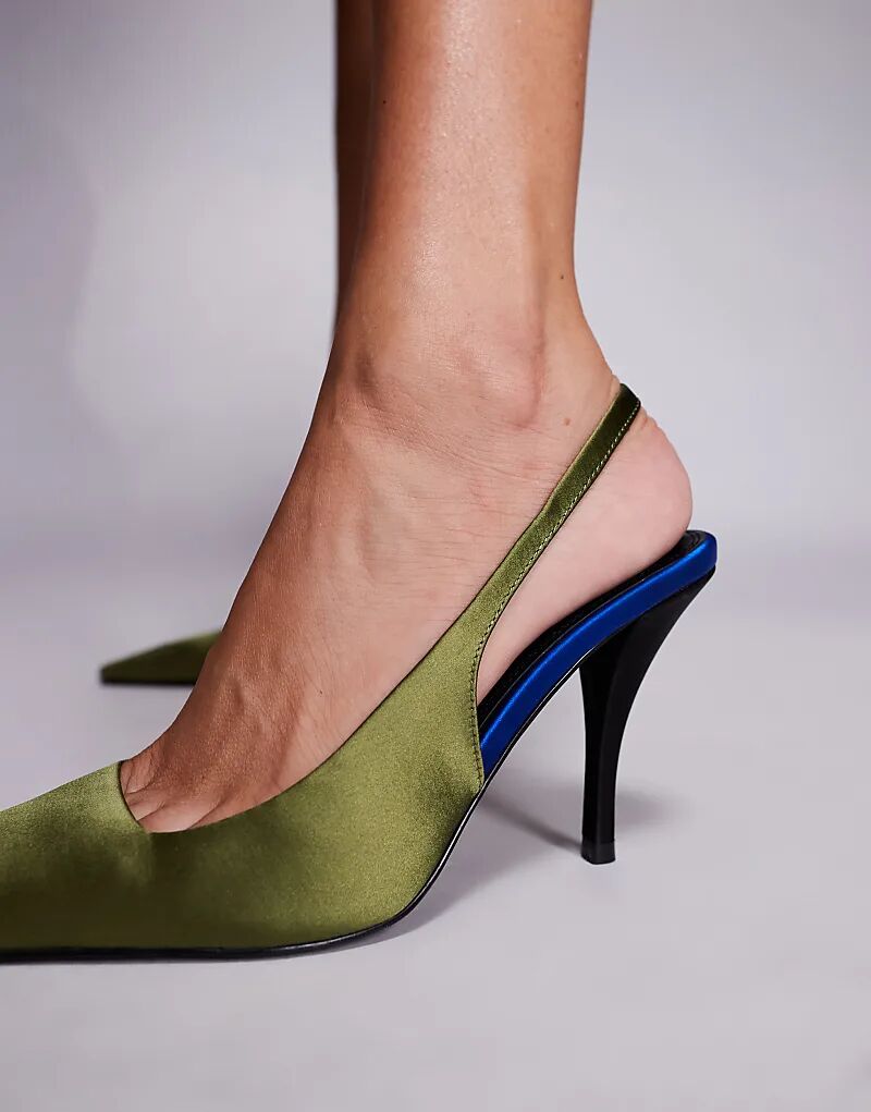 Туфли ASOS DESIGN Proud на высоком каблуке с открытой пяткой из оливкового атласа — фото 4