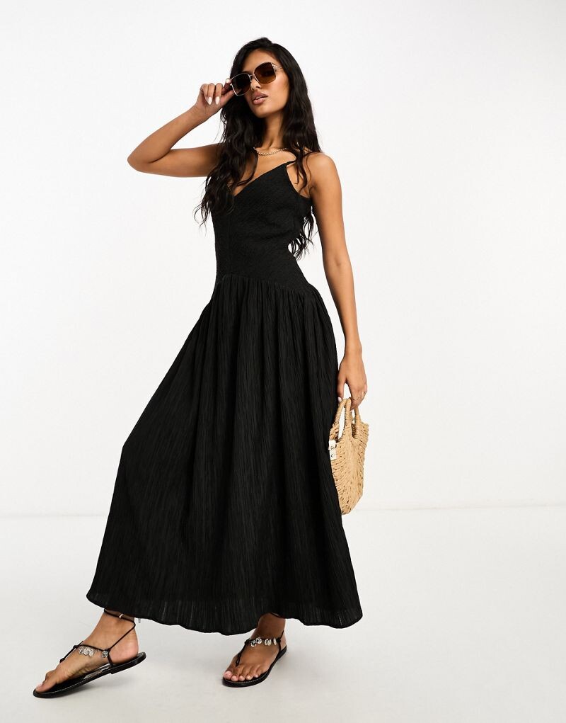 

Черный жатый сарафан миди с пышной юбкой ASOS DESIGN