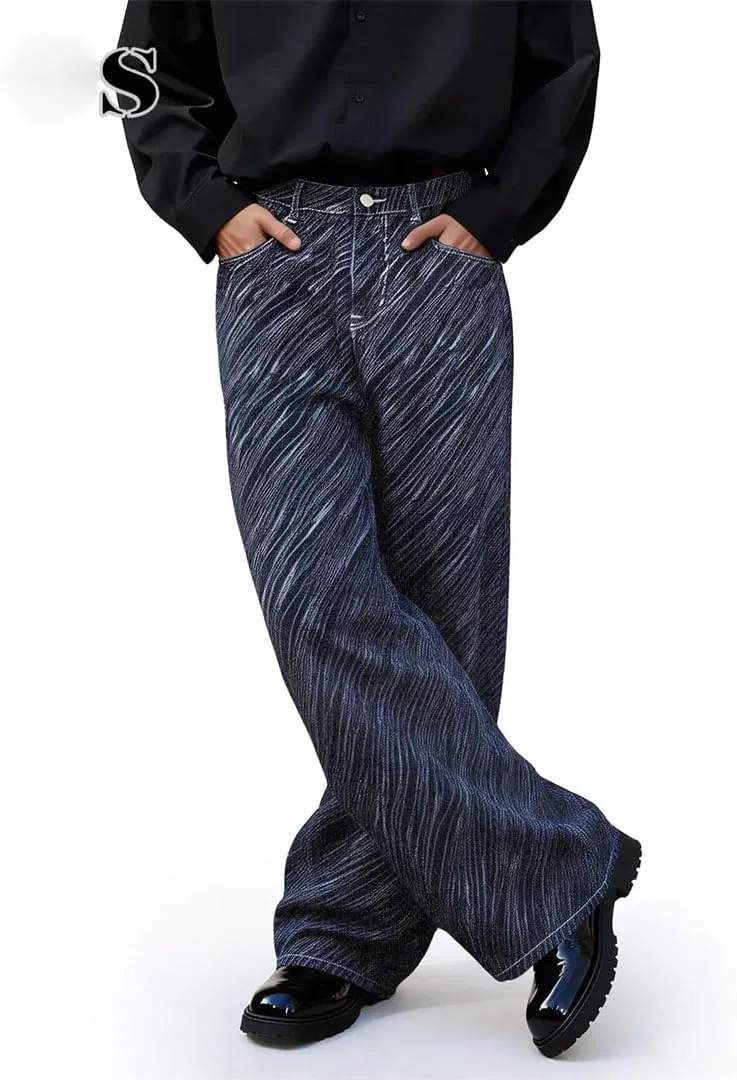 Джинсы, полосатые, Men's Japanese Korean Wave Stripe Jeans Baggy Straight Retro Casual Denim Pants, Blue — фото 3