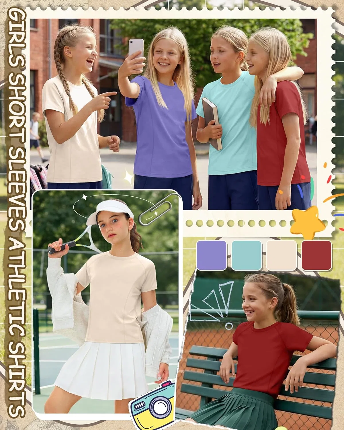 Детские спортивные футболки, 4 штуки, бренд LessonZoo, Purple, Teal, Light Khaki, Red — фото 4