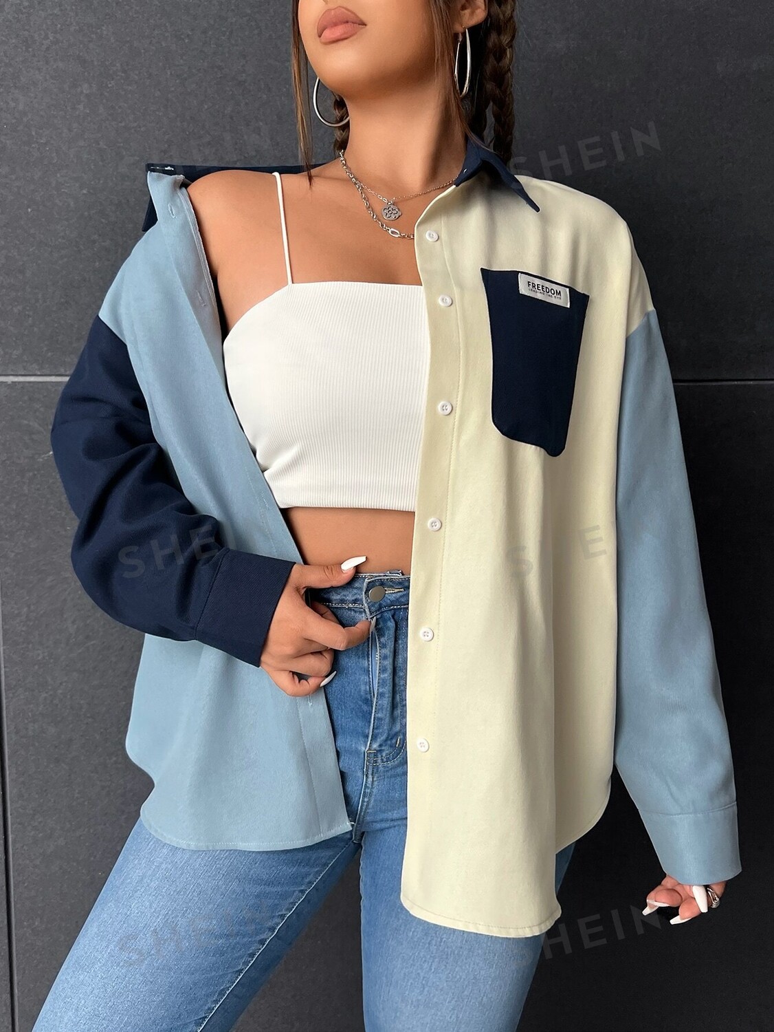 

EZwear Рубашка больших размеров, лоскутная работа, колор-блок, заниженная линия плеча Shein, мультиколор