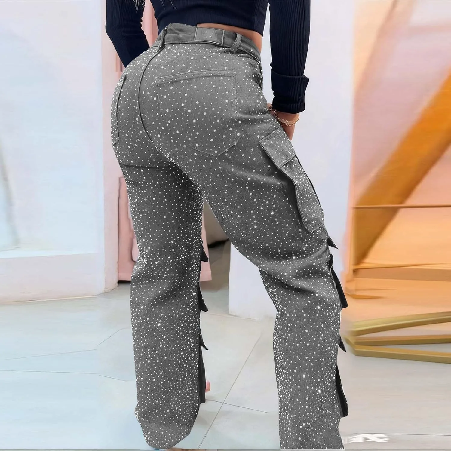 Женские джинсы с пайетками High Waisted, прямой крой, широкие — фото 4