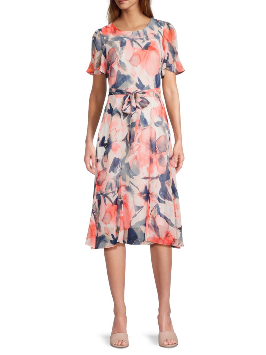 

Платье миди из шифона с цветочным принтом DKNY, цвет Navy Orange Multi