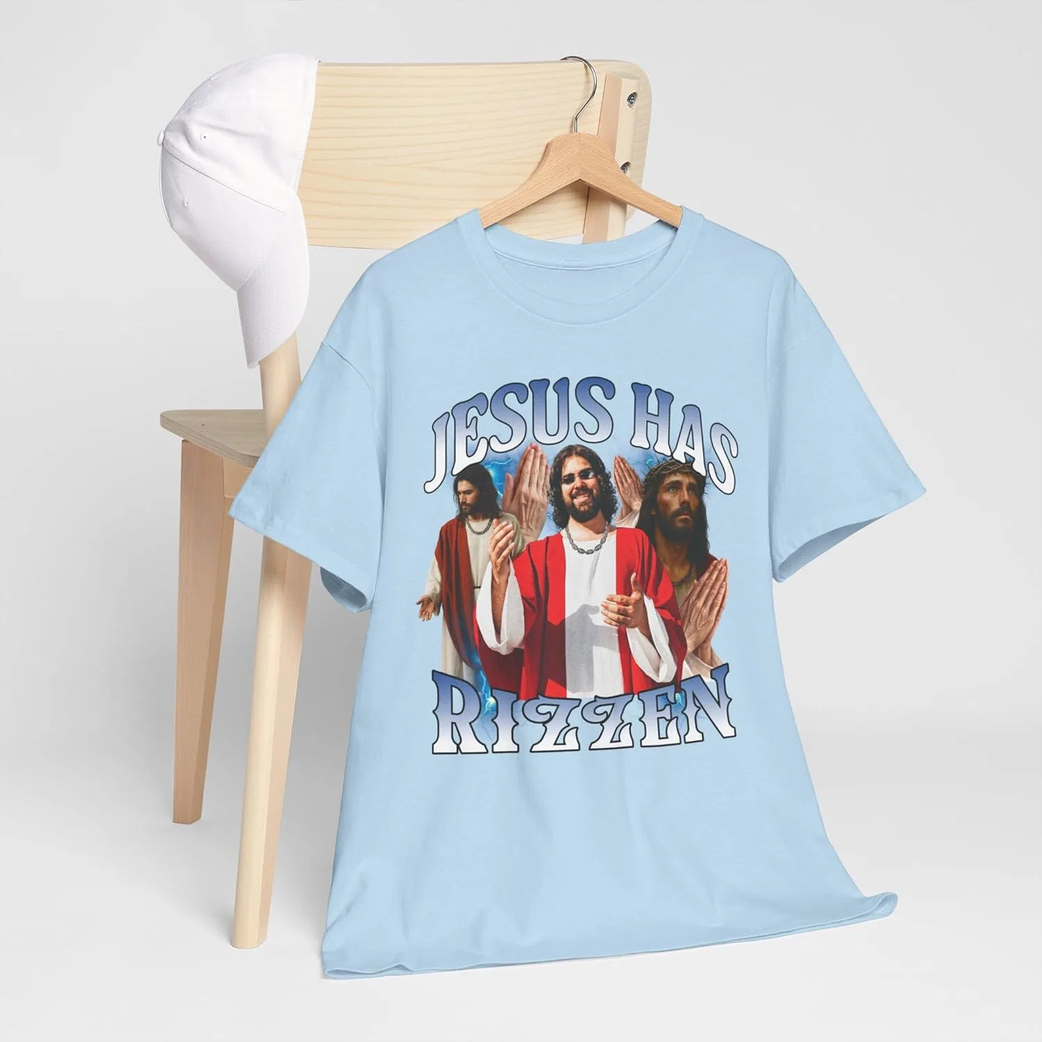 Футболка Jesus Has Rizzen, смешная христианская мемная футболка, данк-мемы, винтажный бутлег в стиле 90-х GENERIC, светло-голубой — фото 3