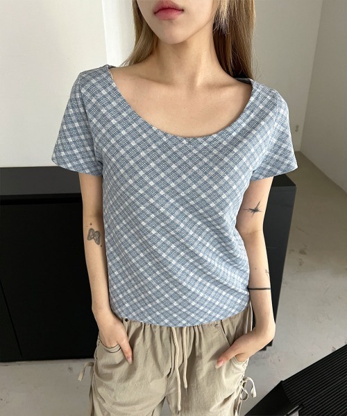 

4INT. Футболка клетчатая с круглым вырезом и коротким рукавом, 4INT, светло-голубая