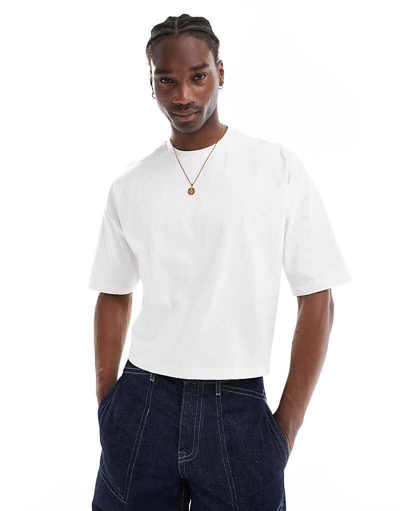 

Белая укороченная футболка оверсайз с заниженными плечами ASOS DESIGN, плотность 240 г/м²