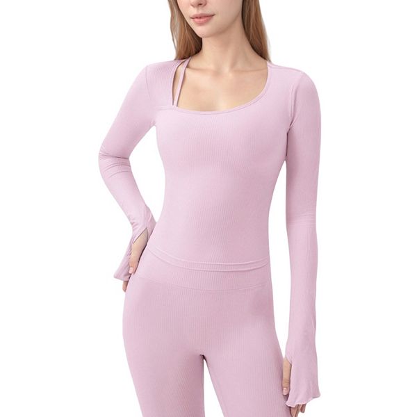 

Женский топ с длинным рукавом, ребристым узором, асимметричным вырезом и манжетами с отверстием для большого пальца Anna-Kaci, Pink