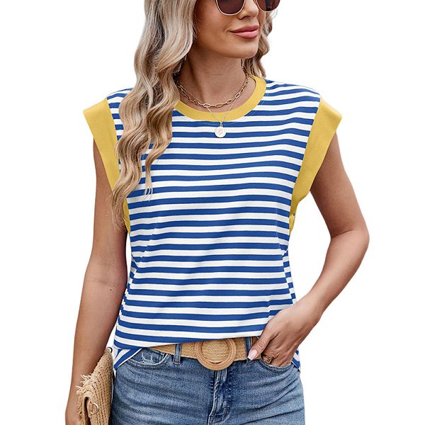 

Женская повседневная футболка с коротким рукавом в полоску и цветными блоками, классический круглый вырез, свободный крой Joyjoy, Blue White, Белый, Женская повседневная футболка с коротким рукавом в полоску и цветными блоками, классический круглый вырез,