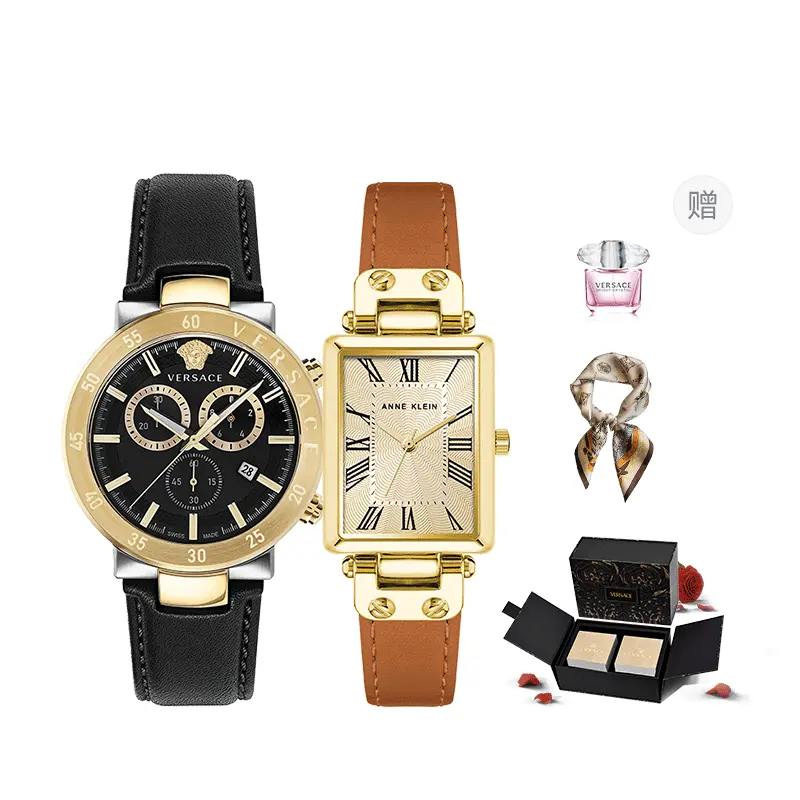 

VERSACE Часы Wrist Watch Quartz Movement Stainless Steel Watchband 43 Black Dial Men's Watch Purple Rose Box+Silk Scarf, Gold and Silver Pair Watch