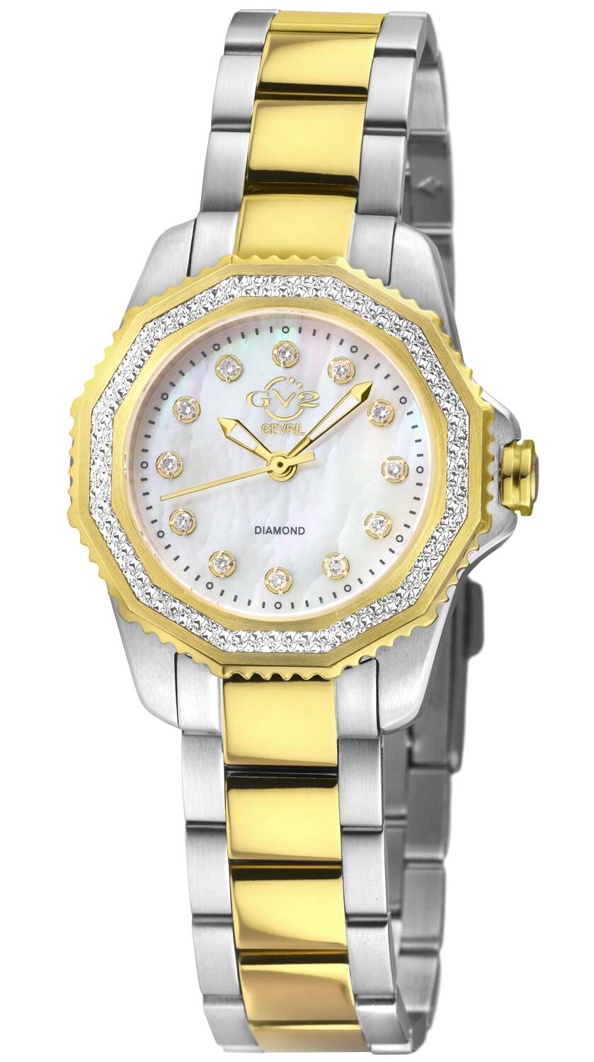 

Женские часы GV2 Cortina из нержавеющей стали 316L, белый циферблат MOP, двухцветный браслет SS/IPYG. Gv1, Two Tone Ipyg/Ss