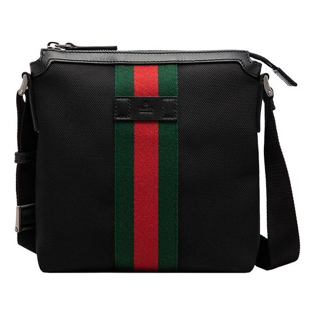 

Сумка Men's Gucci Red Green Stripe Webbing Leather Logo Canvas Shoulder Messenger Bag Black