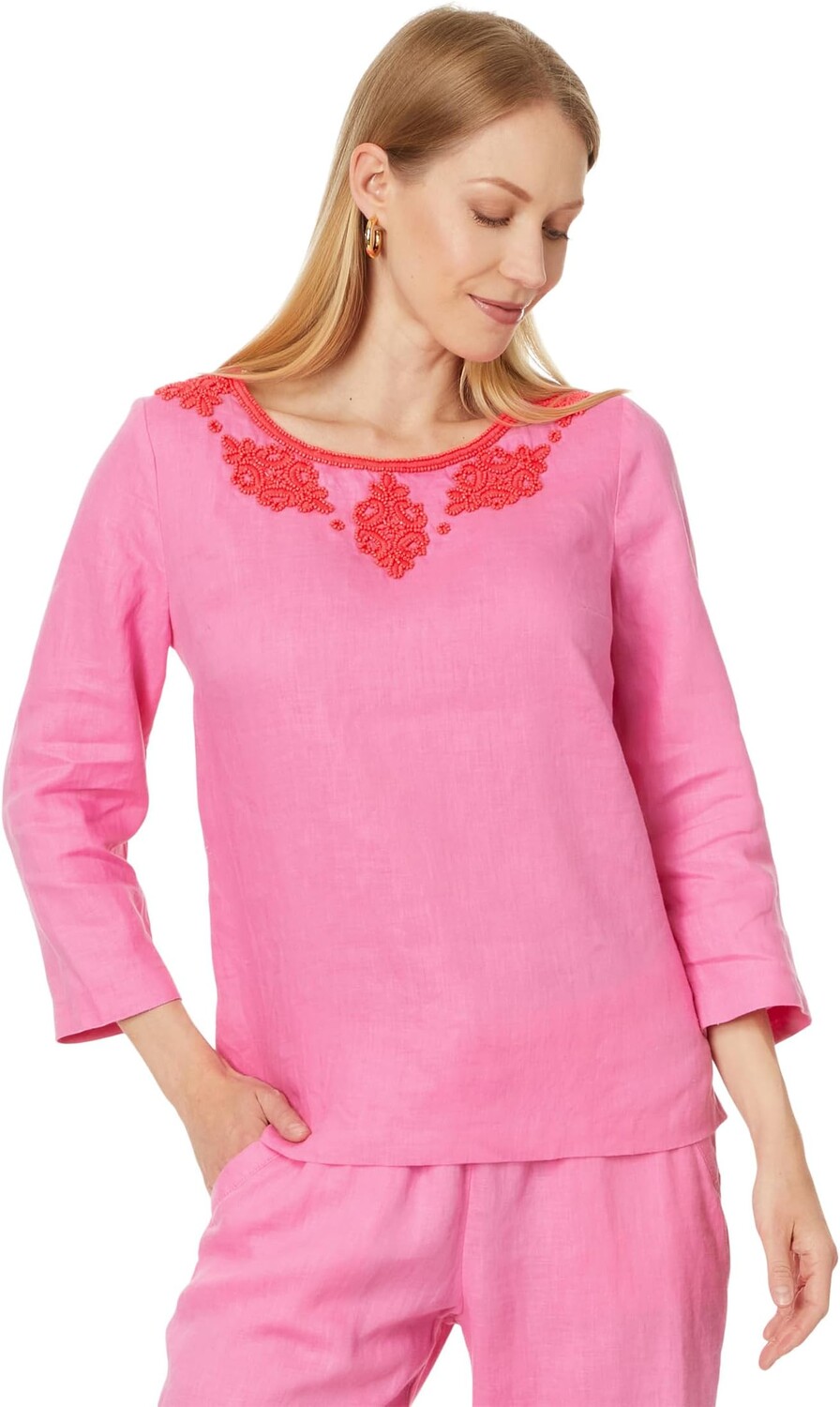 

Топ Lilly Pulitzer Elyn Beaded 3/4 Sleeve Linen Top, цвет Confetti Pink