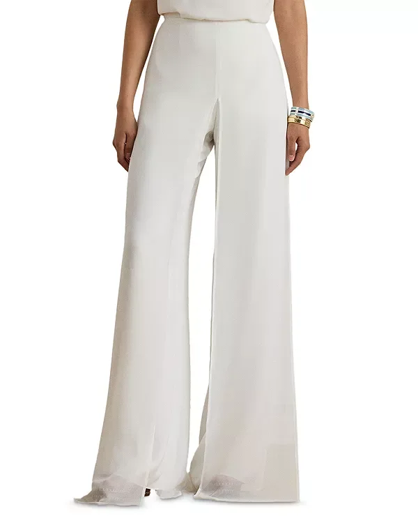 Широкие брюки из жоржета с отделкой из шифона Ralph Lauren, White