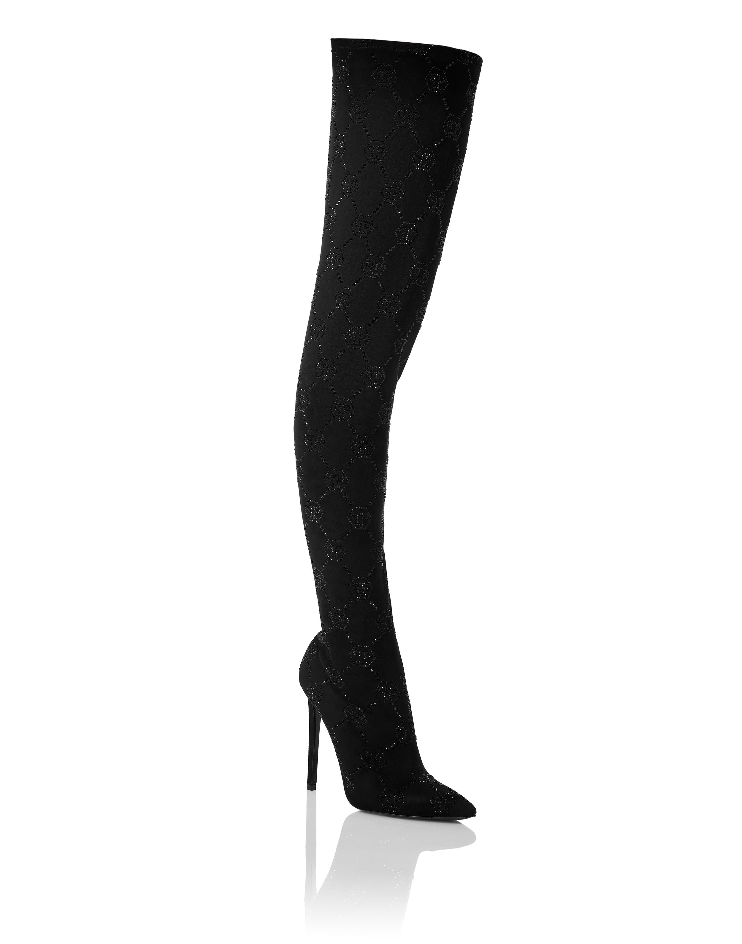 Замшевые эластичные сапоги на высоком каблуке Plein Overknees с монограммой PHILIPP PLEIN, черный