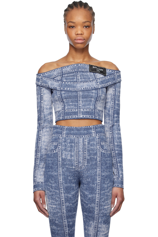 

Джиговая блузка с двойным воротником trompe l'oeil Balmain, синий