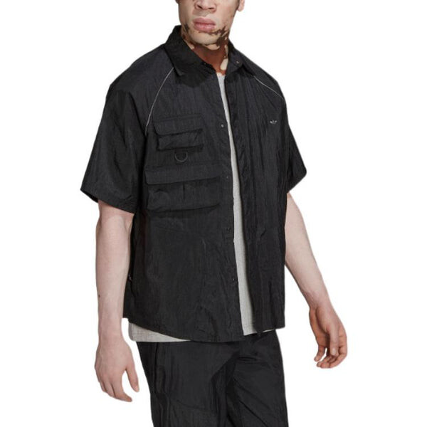 Рубашка Men's adidas originals Solid Color Lapel Short Sleeve Black Shirt, черный — фото 4