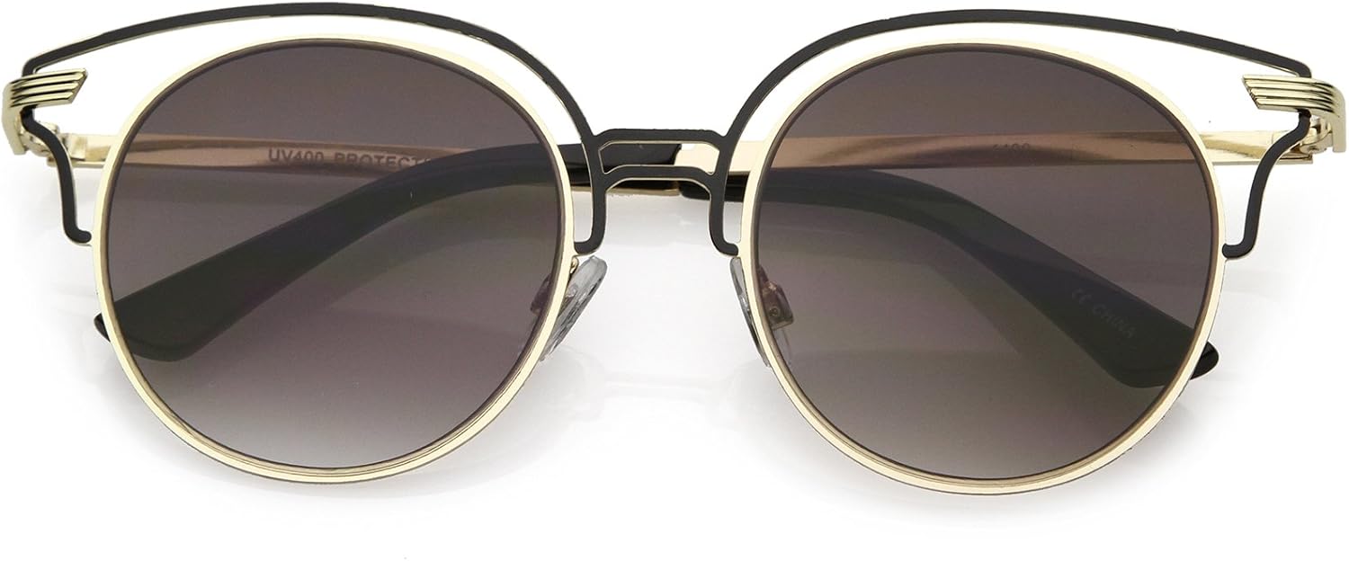 

Солнцезащитные очки zeroUV с уникальными металлическими вставками, круглыми линзами нейтрального цвета и плоским дизайном «кошачий глаз», диаметр линз 50 мм, Gold Black / Lavender