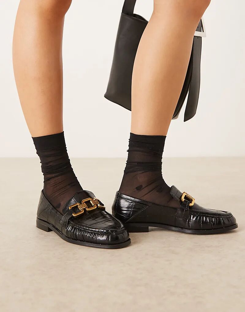 Черные лоферы Melrose с цепочкой и рюшами из крокодиловой кожи ASOS DESIGN