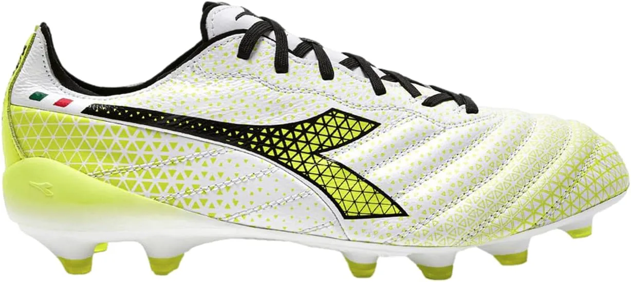 Футбольные бутсы Diadora Brasil Elite Tech GR ITA LPX для мужчин, жесткое покрытие - Сделано в Италии, ультра-мягкая премиальная кожа, современный дизайн Calcio, съемная стелька, белый/черный/желтый — фото 3