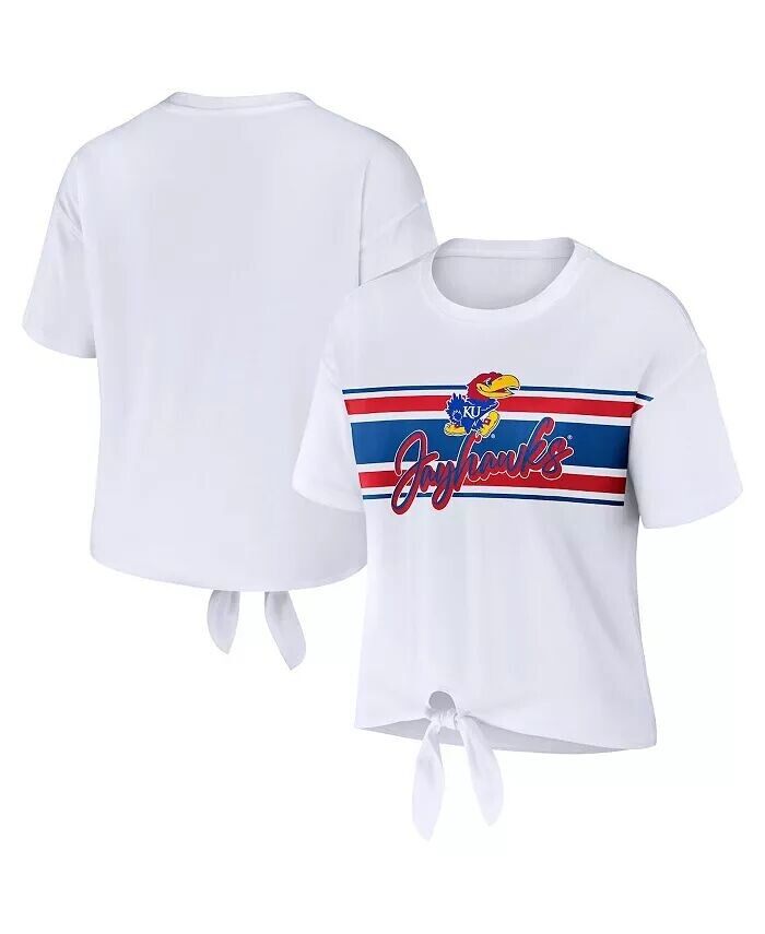 

Женская белая укороченная футболка в полоску спереди с узлом Kansas Jayhawks Wear By Erin Andrews