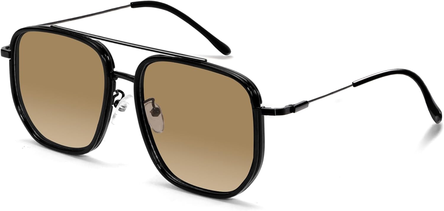 

Ретро-солнцезащитные очки-авиаторы квадратной формы для женщин и мужчин, модные солнцезащитные очки с увеличенной металлической двойной перемычкой TYA, Black Frame - Gradient Brown Lens