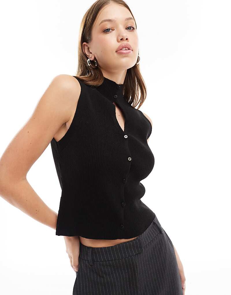 

ASOS DESIGN - Черный вязаный топ без рукавов с каплевидной застежкой на пуговицы