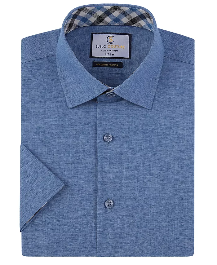 

Мужская рубашка с коротким рукавом Slim Fit в стиле льна на пуговицах Suslo Couture, синий